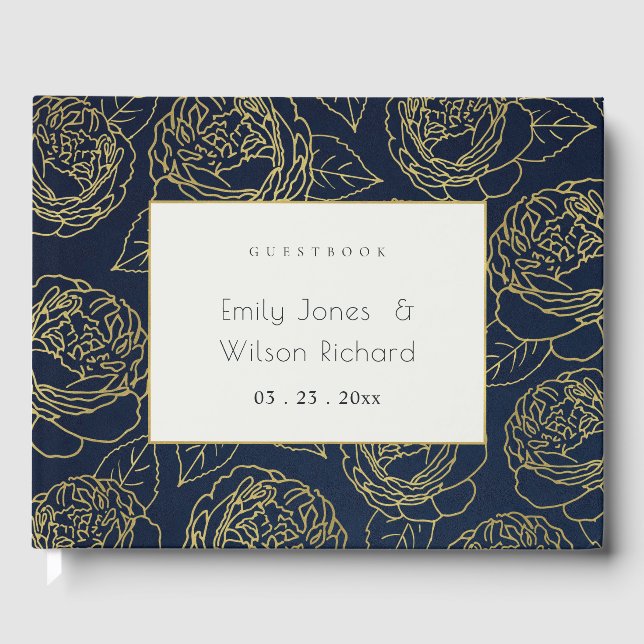 LUXE GOLD WHITE NAVY ELEGANT ROSE FLORAL GUEST BOOK (Front)