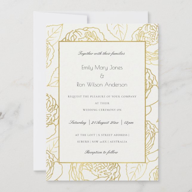 LUXE GOLD WHITE NAVY ELEGANT ROSE FLORAL WEDDING INVITATION (Front)