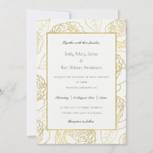 LUXE GOLD WHITE NAVY ELEGANT ROSE FLORAL WEDDING INVITATION