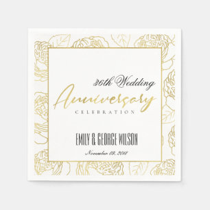 LUXE GOLD WHITE ROSE FLORAL ANY YEAR ANNIVERSARY NAPKIN