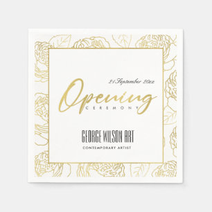 LUXE GOLD WHITE ROSE FLORAL GRAND OPENING CEREMONY NAPKIN