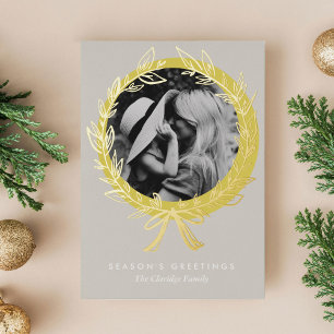 Luxe Golden Wreath Frame Photo Gold Foil Holiday Card