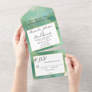 Luxe Green and Gold Watercolor Alcohol Ink All In One Invitation