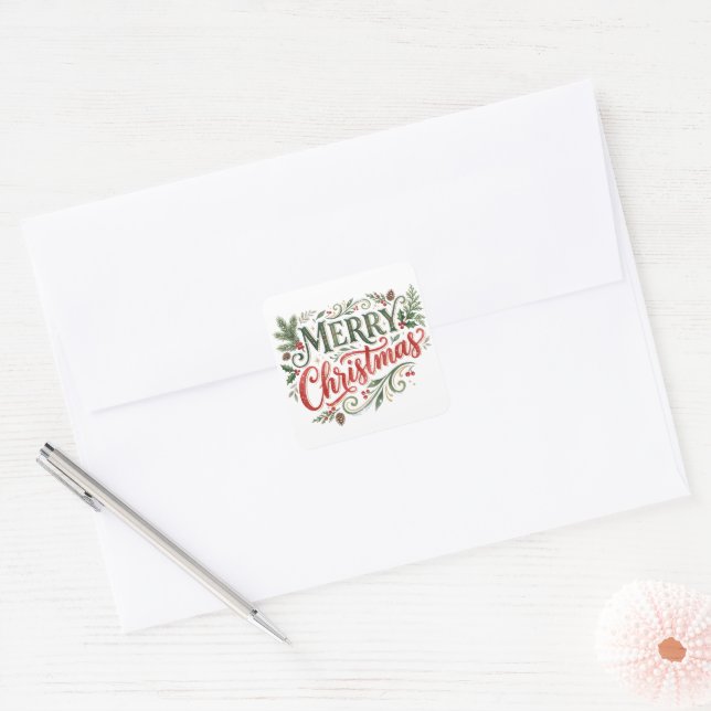 Luxe Green and Red Hand Lettering  Square Sticker (Envelope)