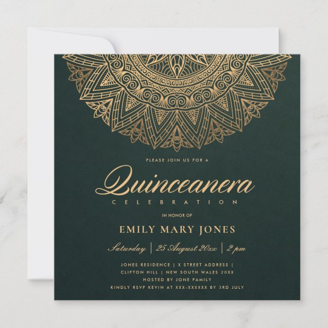LUXE GREEN GOLD CLASSIC ORNATE MANDALA QUINCEANERA INVITATION (Front)