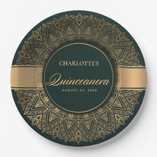 LUXE GREEN GOLD CLASSIC ORNATE MANDALA QUINCEANERA PAPER PLATE