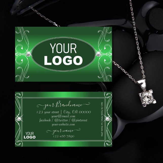 Luxe Green Gradient Ornate Sparkle Jewels Add Logo Business Card (Creator Uploaded)