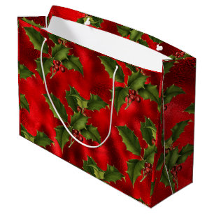 Luxe Green Holly, Red Berries Foil Large Gift Bag