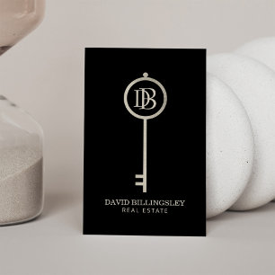Luxe Grey Skeleton Key Monogram Realtor Business Card