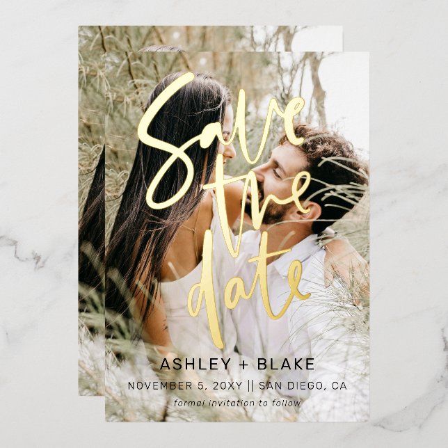 Luxe Handwritten Script Photo Save The Date   (Front/Back)