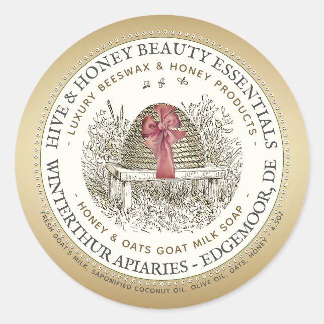 Luxe Honey Soap Label Gold with Skep and Bow (Front)