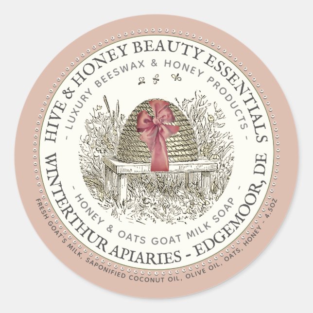 Luxe Honey Soap Label Rose Pink with Skep and Bow (Front)