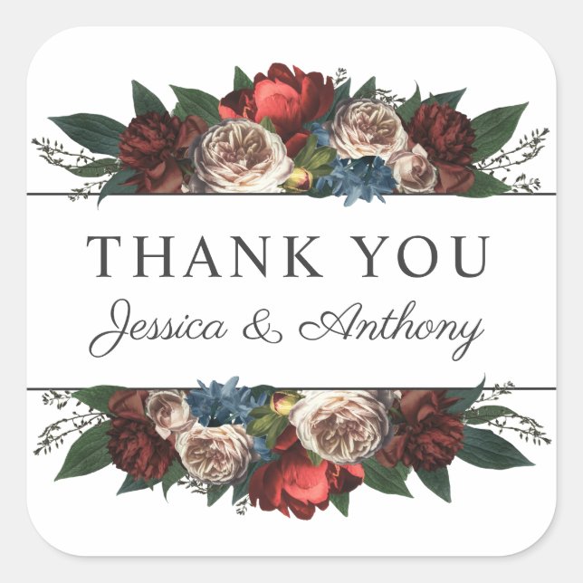 Luxe Jewel Tone Floral Bouquet Thank You Square Sticker (Front)
