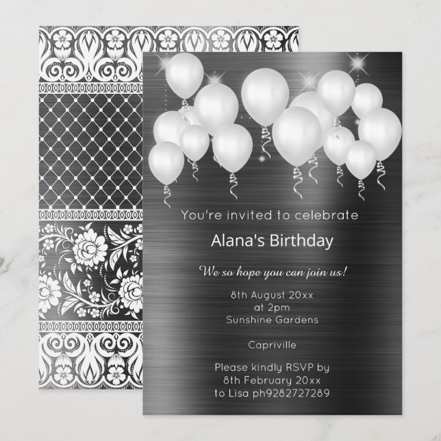 LUXE LACE BALLOON BLACK METALLIC BIRTHDAY  INVITATION (Front/Back)
