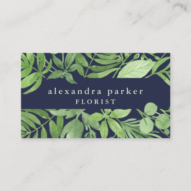Luxe Leaves | Green Botanical Frame on Dark Blue Business Card (Front)