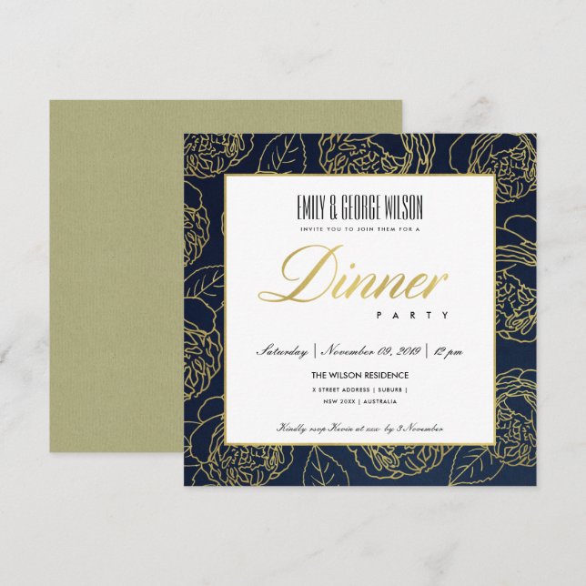 LUXE LUSH NAVY FAUX GOLD ROSE FLORAL DINNER PARTY INVITATION (Front/Back)