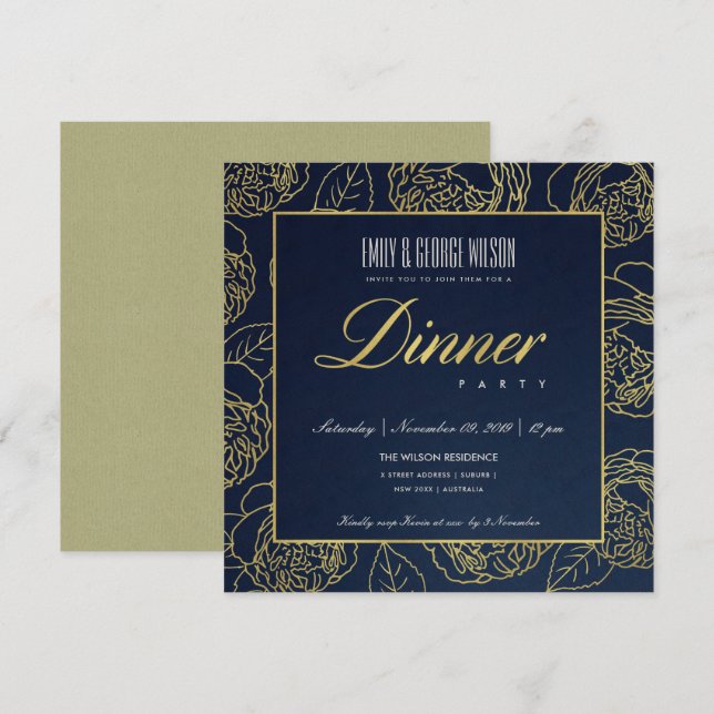 LUXE LUSH NAVY FAUX GOLD ROSE FLORAL DINNER PARTY INVITATION (Front/Back)