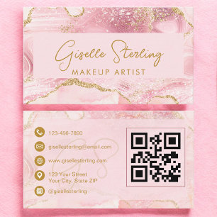 Luxe Makeup Artist Blush Pink Gold Agate QR Code Business Card