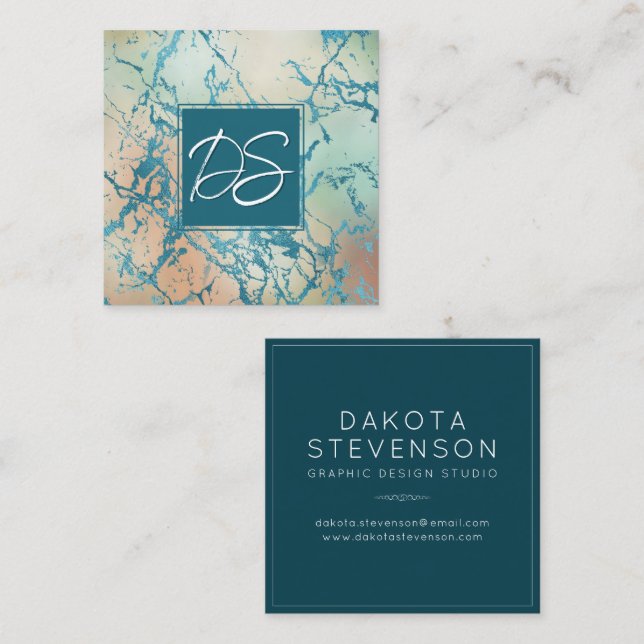 Luxe Marble | Beautiful Coral and Teal Custom Square Business Card (Front/Back)