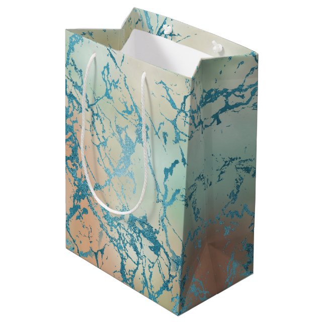 Luxe Marble | Beautiful Yellow and Coral Teal Vein Medium Gift Bag (Back Angled)