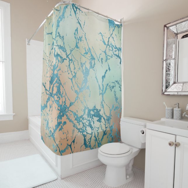 Luxe Marble | Beautiful Yellow and Coral Teal Vein Shower Curtain (In Situ)