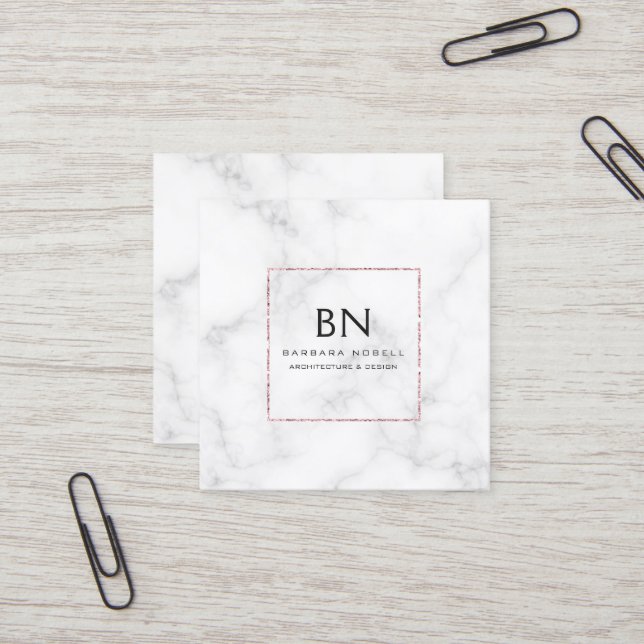 Luxe Marble Luxury Rose Gold Designer Square Business Card (Front/Back In Situ)