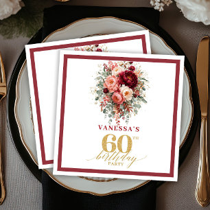 Luxe Marsala Gold Floral Autumn 60th Birthday Napkin
