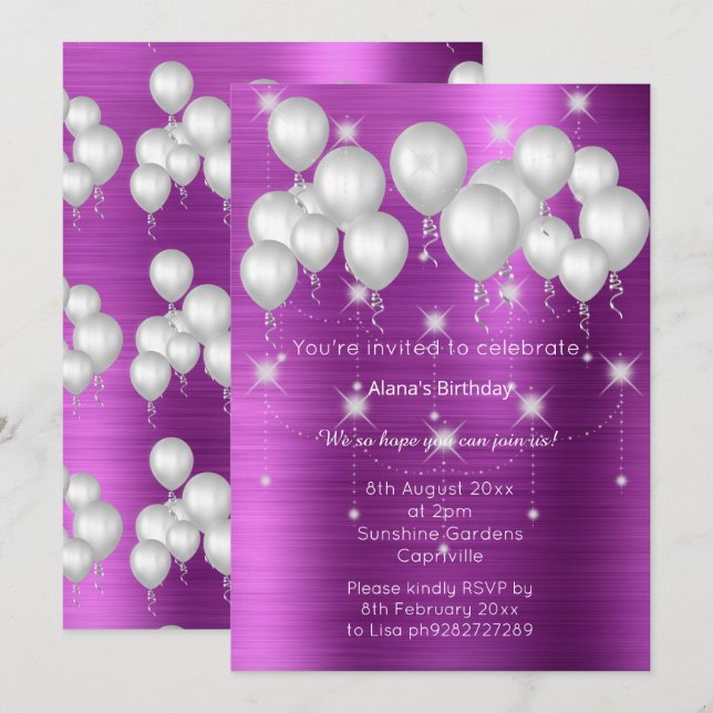 LUXE METALLIC PURPLE BALLOON BIRTHDAY INVITATION (Front/Back)