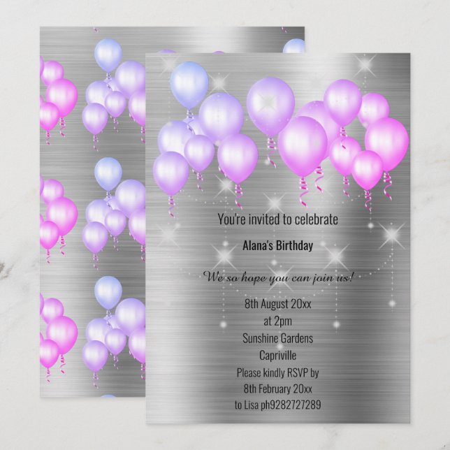 LUXE METALLIC SILVER BALLOON BIRTHDAY INVITATION (Front/Back)