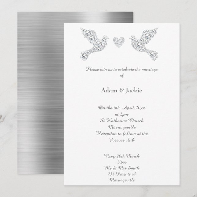 Luxe Metallic Silver Love Dove Wedding Invitation (Front/Back)