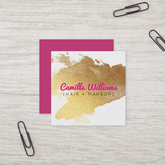 LUXE MINIMALIST glam faux gold foil splash pink Square Business Card (Front/Back In Situ)