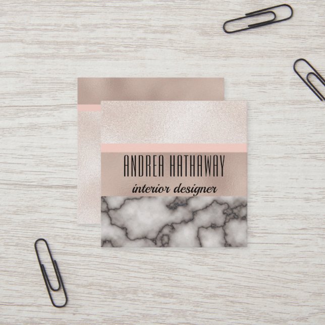 Luxe Minimalist Modern Rose Gold Foil Marble Stone Square Business Card (Front/Back In Situ)