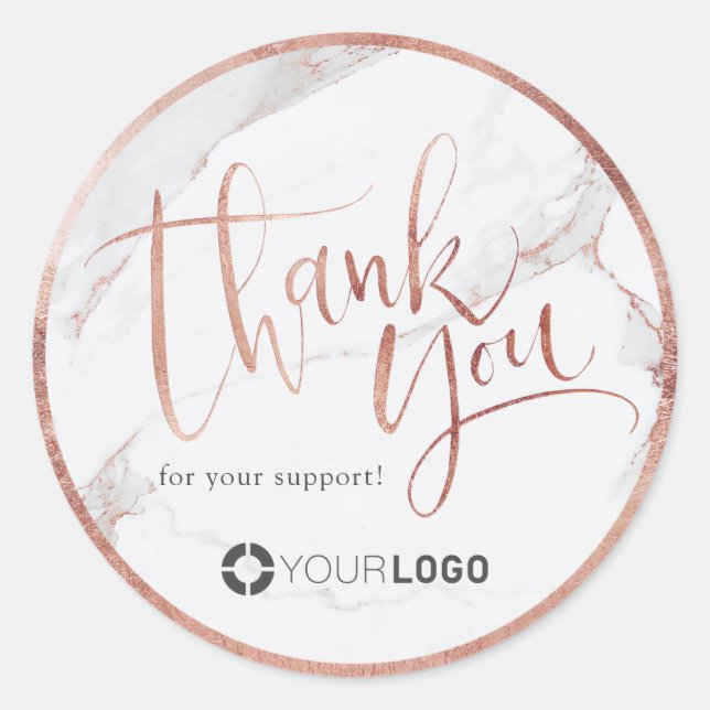 Luxe modern marble faux rose gold thank you script classic round sticker (Front)
