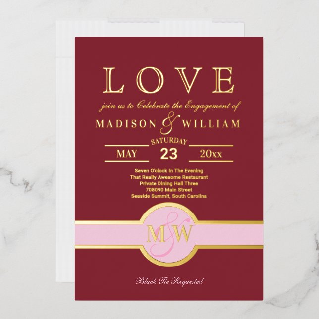 Luxe Monogram LOVE Engagement Party Burgundy Gold (Envelope)