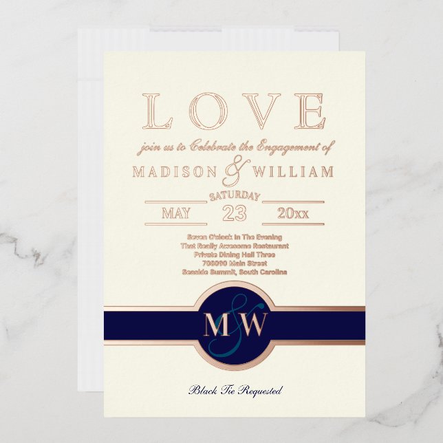 Luxe Monogram LOVE Engagement Party Navy Rose Gold (Envelope)