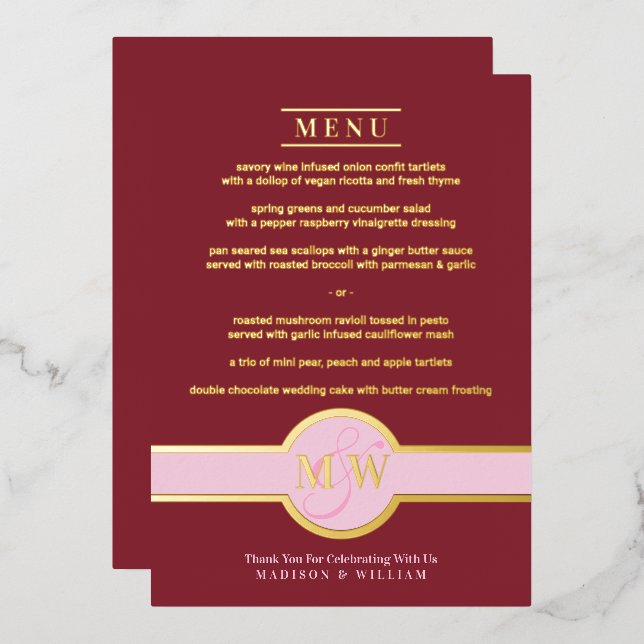 Luxe Monogram Modern Elegant Menu Burgundy Gold (Front/Back)