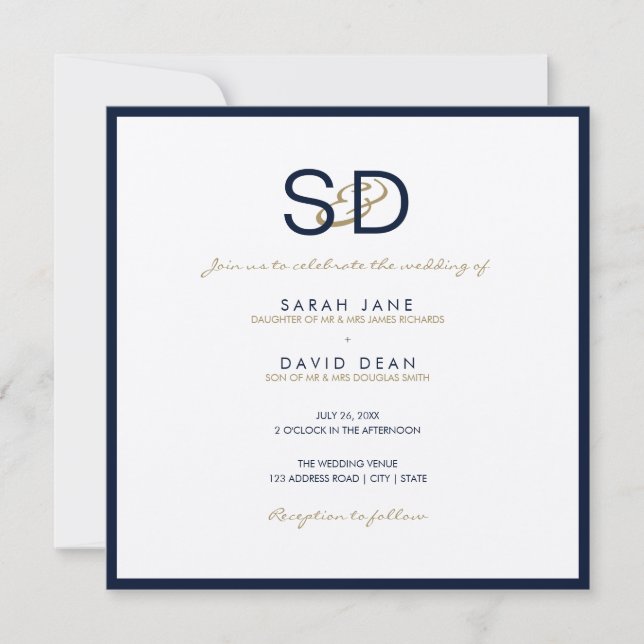 LUXE Monogram Navy Blue & White Wedding Invitation (Front)