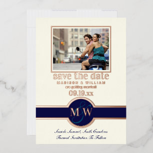 Luxe Monogram Photo Save The Date Navy Rose Gold