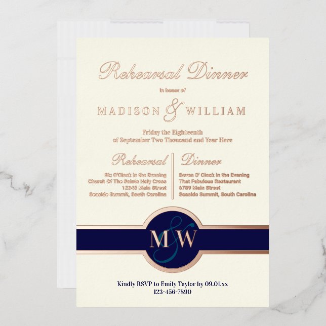 Luxe Monogram Rehearsal Dinner Navy Rose Gold (Envelope)