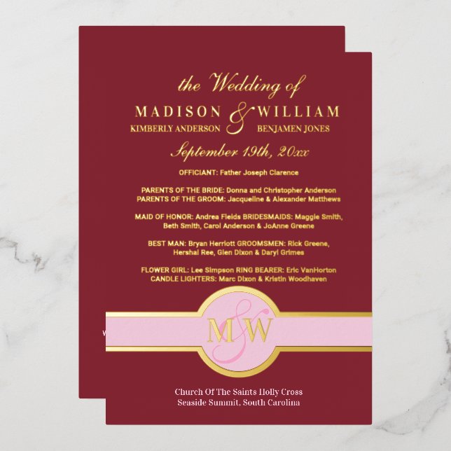 Luxe Monogram Wedding Program Burgundy Gold (Front/Back)