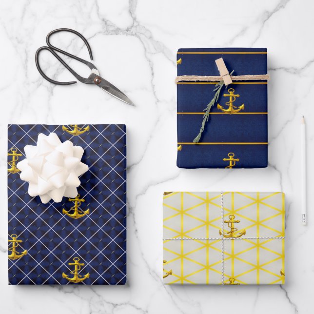 Luxe Nautical Navy and Gold  Anchor  Wrapping Paper Sheet (Front)