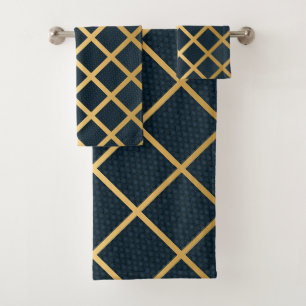 LUXE NAVY ABSTRACT GOLD GRID BATH TOWEL SET