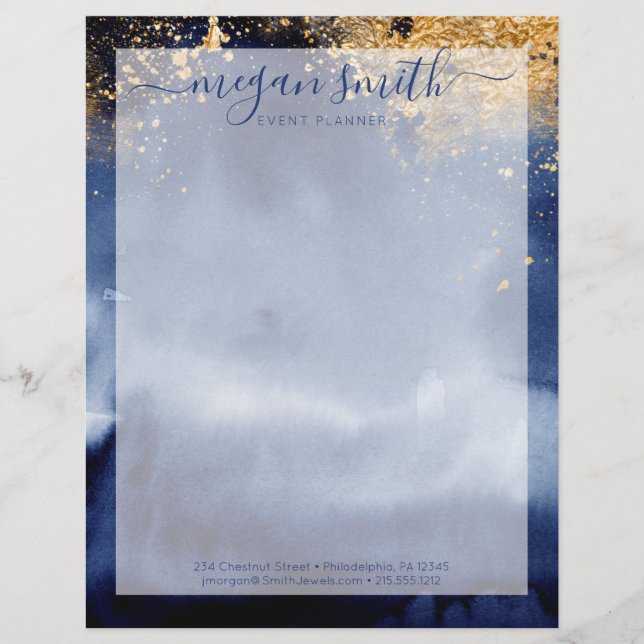 Luxe Navy Blue Gold Watercolor Modern Custom Letterhead (Front)