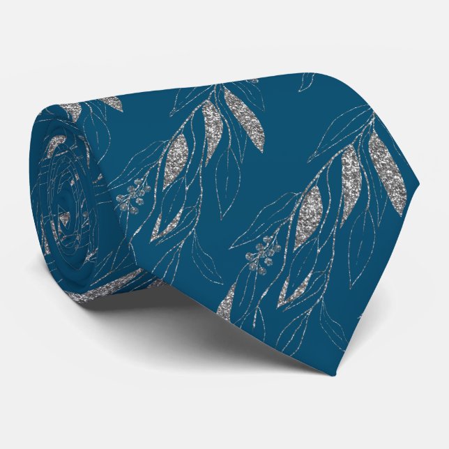 LUXE NAVY BLUE SILVER EUCALYPTUS BOTANICAL TIE (Rolled)