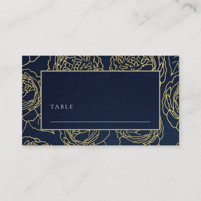 LUXE NAVY FAUX GOLD ELEGANT ROSE FLORAL WEDDING PLACE CARD (Front)
