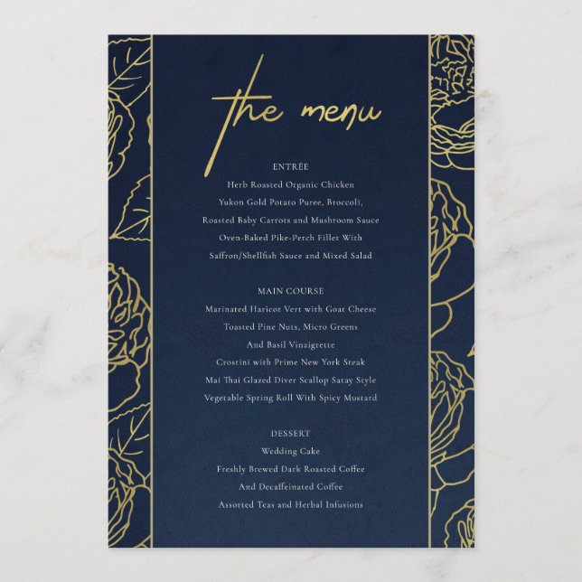 LUXE NAVY FAUX GOLD KRAFT ELEGANT ROSE FLORAL MENU (Front)