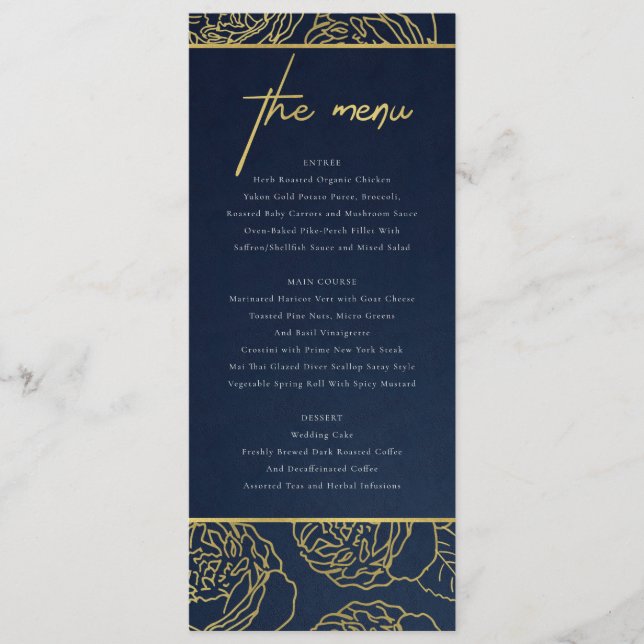 LUXE NAVY FAUX GOLD KRAFT ELEGANT ROSE FLORAL MENU (Front)