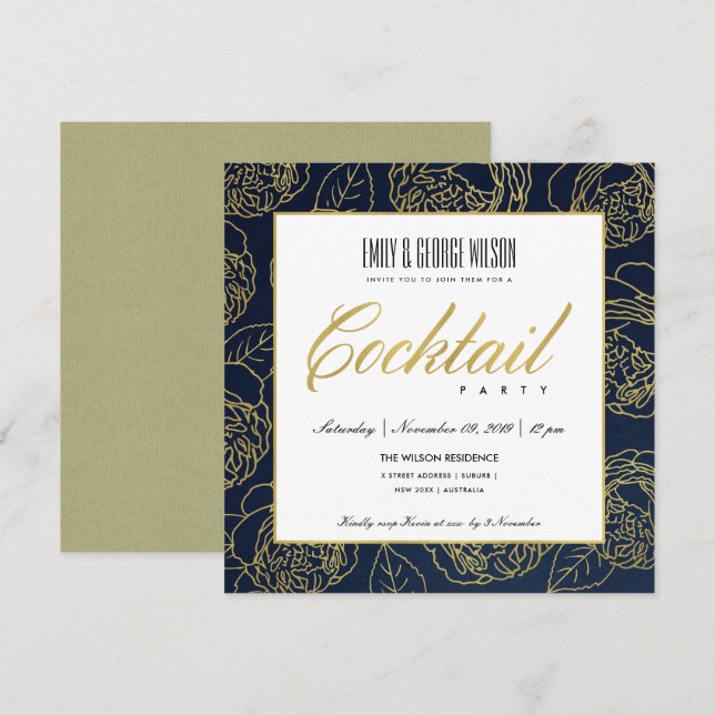 LUXE  NAVY FAUX GOLD ROSE FLORAL COCKTAIL PARTY INVITATION (Front/Back)