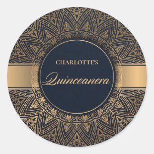 LUXE NAVY GOLD CLASSIC ORNATE MANDALA QUINCEANERA CLASSIC ROUND STICKER