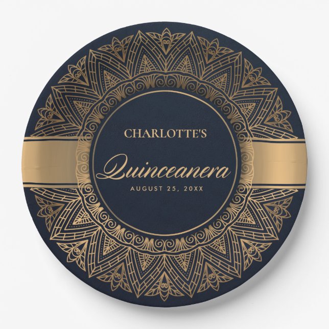 LUXE NAVY GOLD CLASSIC ORNATE MANDALA QUINCEANERA PAPER PLATE (Front)